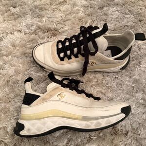 Authentic Chanel White & Black CC Logo Chunky Sneakers